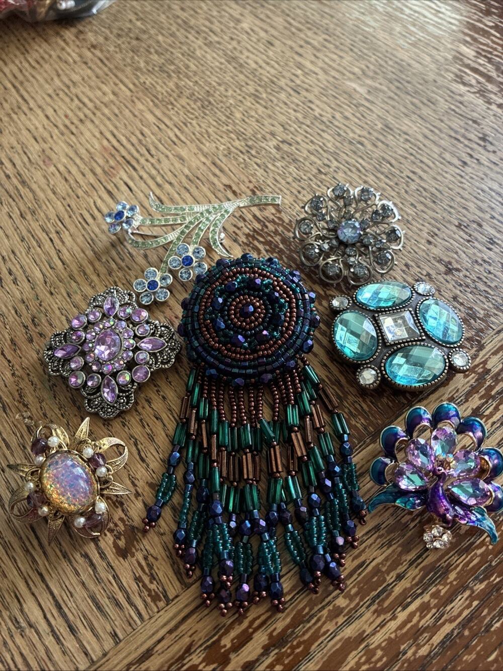 Vintage To Modern Rhinestone Brooch Lot AB Blue Green Floral Leaf Peacock Jewel
